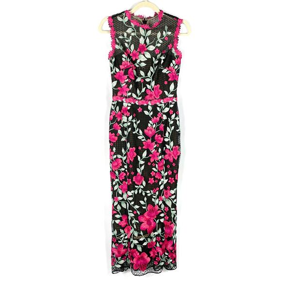 Marchesa Black Pink Floral Column Dress Embroidered Back Zip Sleeveless Sz 0 - Picture 5 of 12